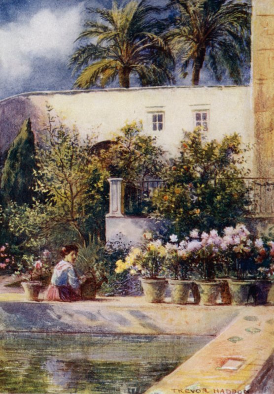 Sevilla, Alcazar-haverne (farve litho) af A. Trevor Haddon