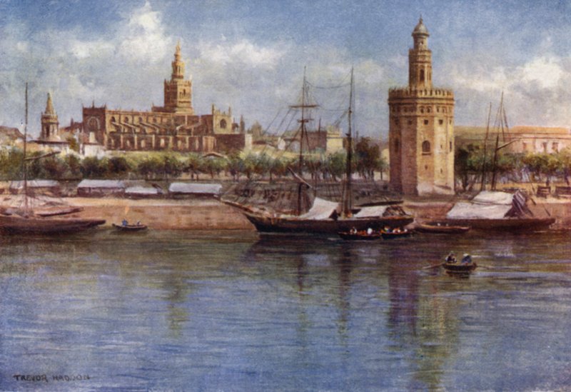 Sevilla, Torre del Oro og katedralen (farve litho) af A. Trevor Haddon