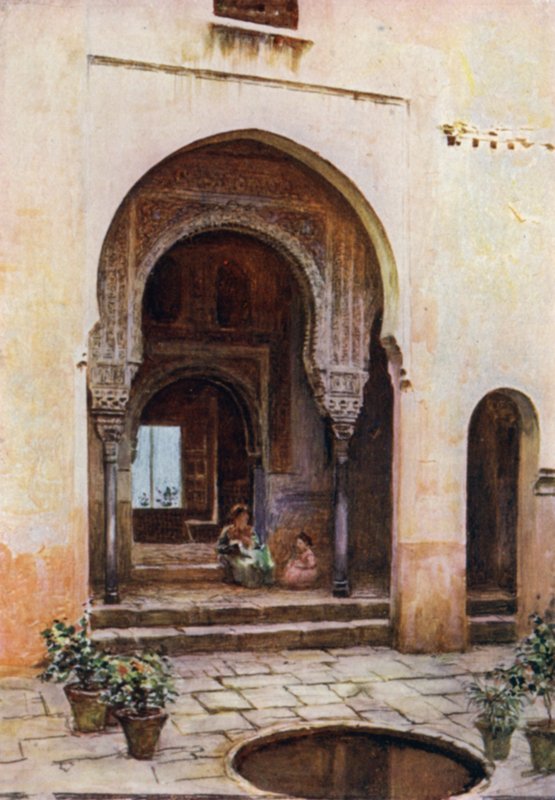 Alhambra, Court of the Mexuar, West Facade (farve litho) af A. Trevor Haddon