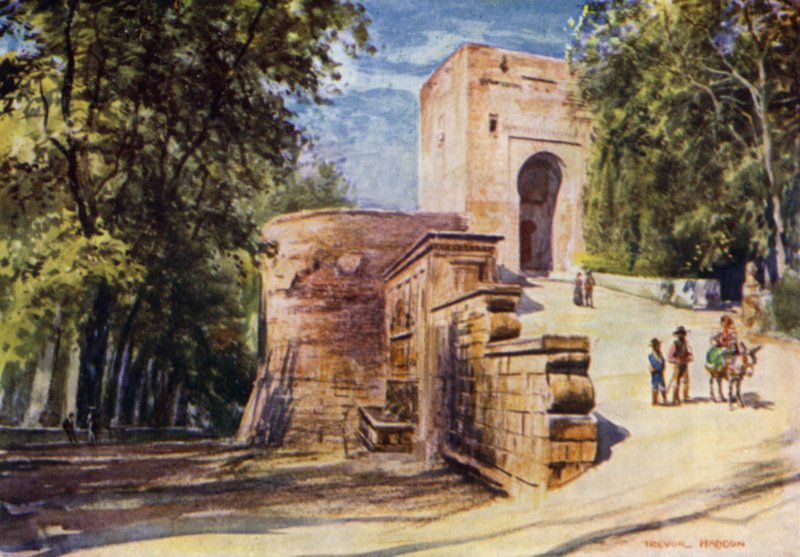 Alhambra, Retfærdighedsporten og kejserens springvand (farve litho) af A. Trevor Haddon