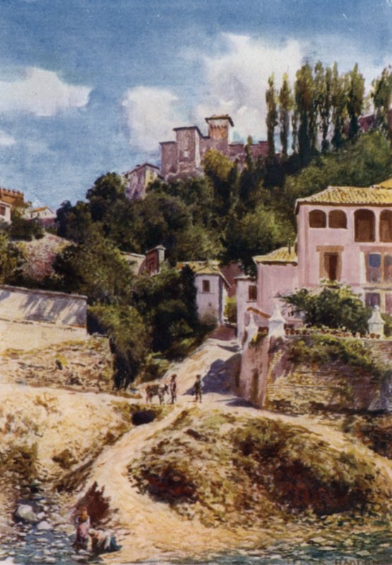 Alhambra, Torre de las Damas fra floden Darro (farve litho) af A. Trevor Haddon