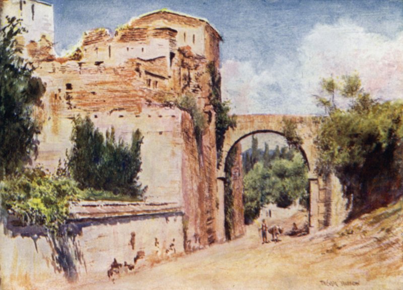 Alhambra, tårnet og akvædukten (farve litho) af A. Trevor Haddon