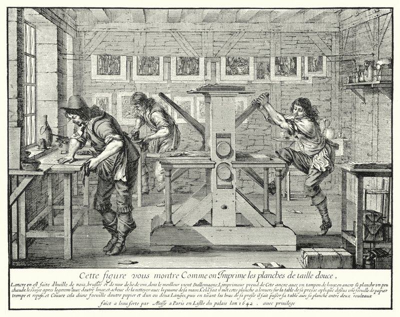 Gravørens værksted (gravering) af Abraham (after) Bosse