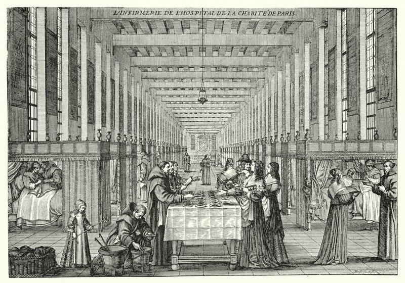 Hospitalet i Hopital de la Charite i Paris (gravering) af Abraham (after) Bosse