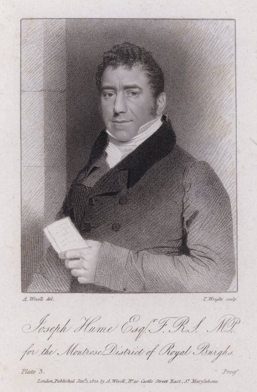 Joseph Hume, skotsk læge, politiker og radikal MP (gravering) af Abraham (after) Wivell