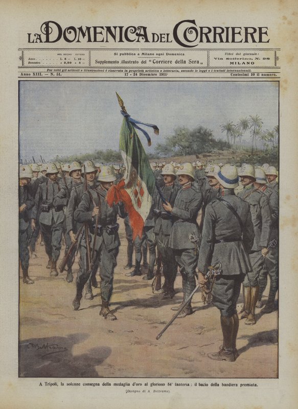 I Tripoli, den højtidelige overrækkelse af guldmedaljen til det glorværdige 84. infanteri, kysset af det prisbelønnede flag af Achille Beltrame