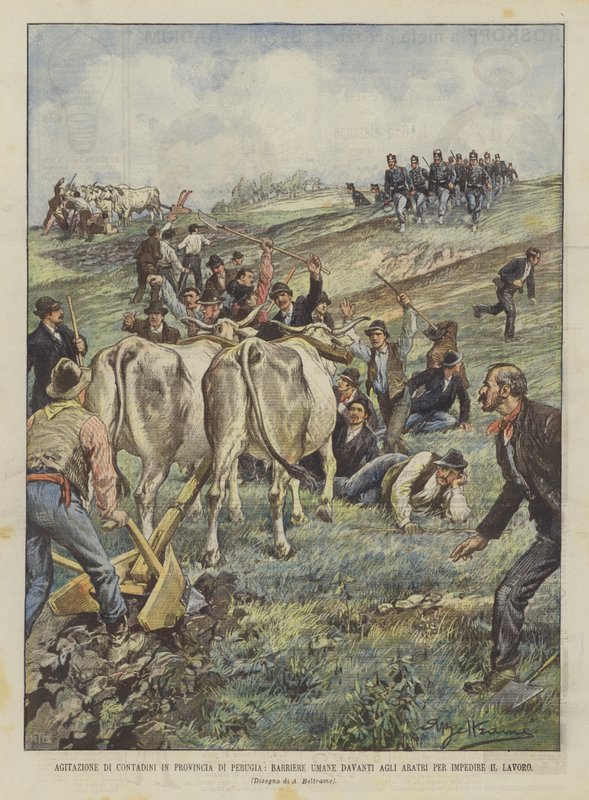 Landmændenes agitation i Perugia-provinsen, menneskelige barrierer foran plovene for at forhindre arbejdet af Achille Beltrame