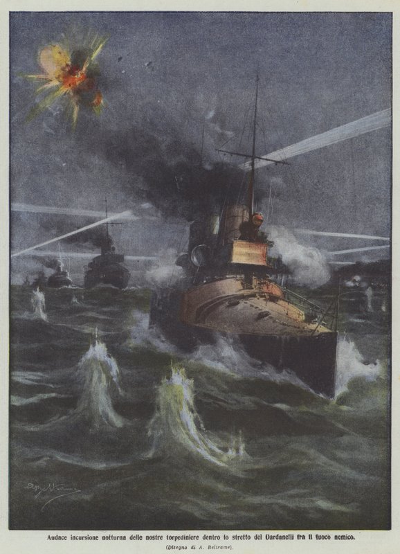 Dristende natangreb af vores torpedobåde ind i Dardanellernes strædet under fjendens ild af Achille Beltrame