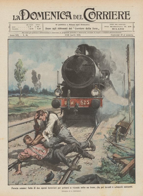 Menneskelig grusomhed, to jernbanearbejdere, der kæmper for at smide hinanden under et tog? af Achille Beltrame