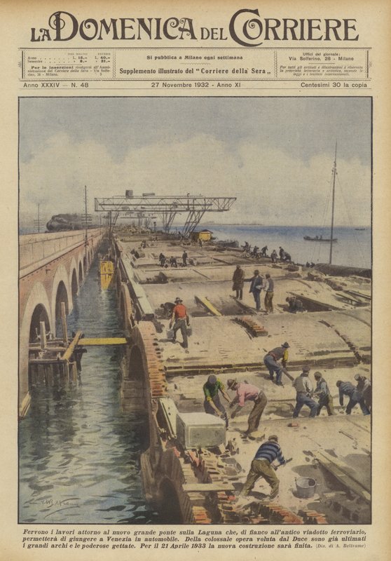 Arbejdet er i gang omkring den nye store bro over lagunen, der ved siden af ​​den gamle viadukt? af Achille Beltrame