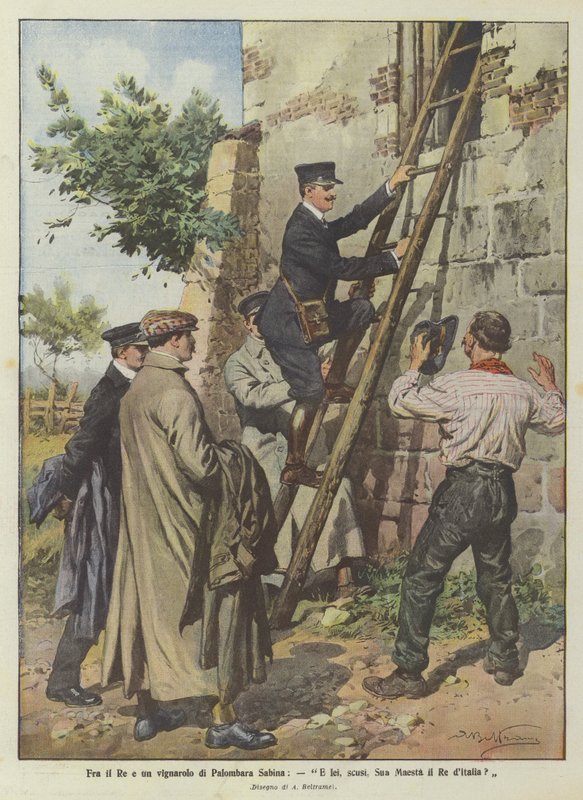 Mellem kongen og en vignarolo fra Palombara Sabina, Og du, Hans Majestæt Kongen af Italien? af Achille Beltrame