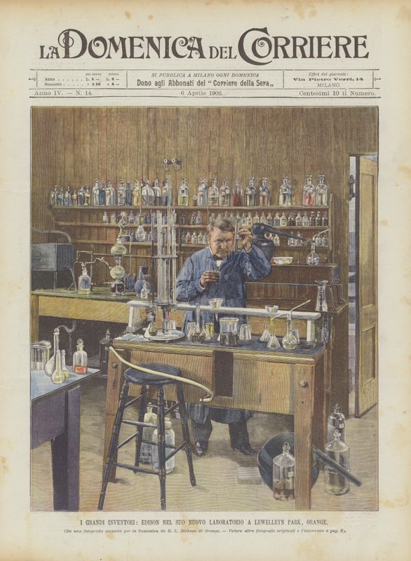De store opfindere, Edison i sit nye laboratorium i Lewelleyn Park, Orange af Achille Beltrame