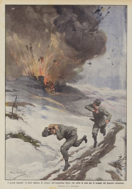 De store katastrofer, militærfortet Arresci i de liguriske Apenniner, der sprænges i luften for ? af Achille Beltrame