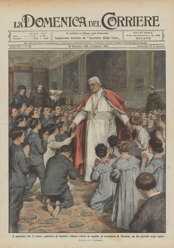 Pave Pius X modtager hundredvis af børn, der blev forældreløse efter jordskælvet i Messina? af Achille Beltrame
