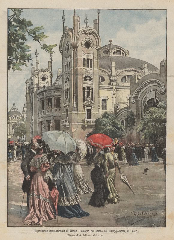 Den internationale udstilling i Milano, udenfor festsalen, i parken af Achille Beltrame