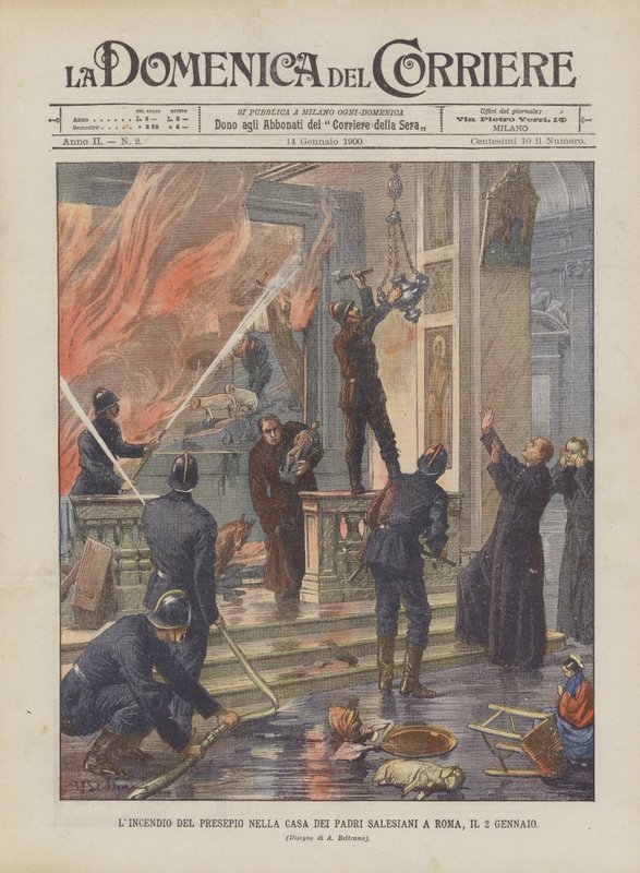 Vuggens ild i salesiske fædres hus i Rom den 2. januar af Achille Beltrame