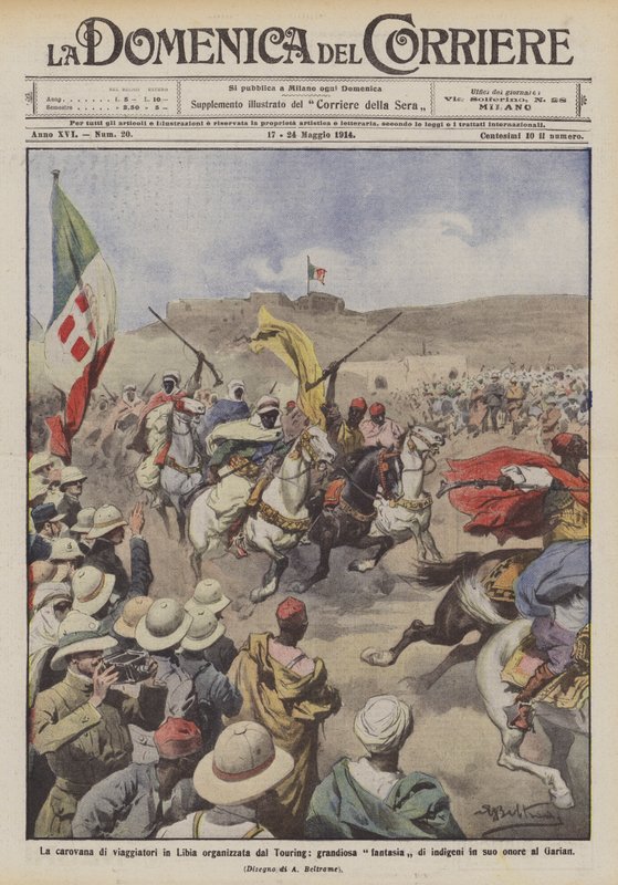 Karavanen af ​​rejsende i Libyen organiseret af Touring, en storslået indfødt fantasi til hans ære på Garian af Achille Beltrame
