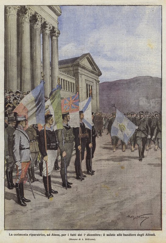 Den forberedende ceremoni, i Athen, for begivenhederne den 1. december, salut til de allieredes flag af Achille Beltrame