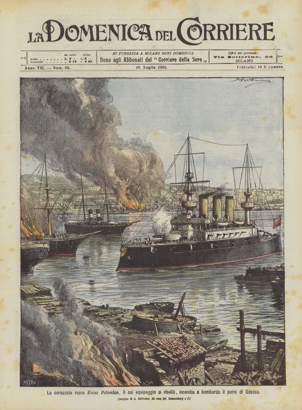 Det russiske slagskib Kniaz Potemkin, hvis besætning gjorde oprør og satte ild til og bombede havnen i Odessa. af Achille Beltrame