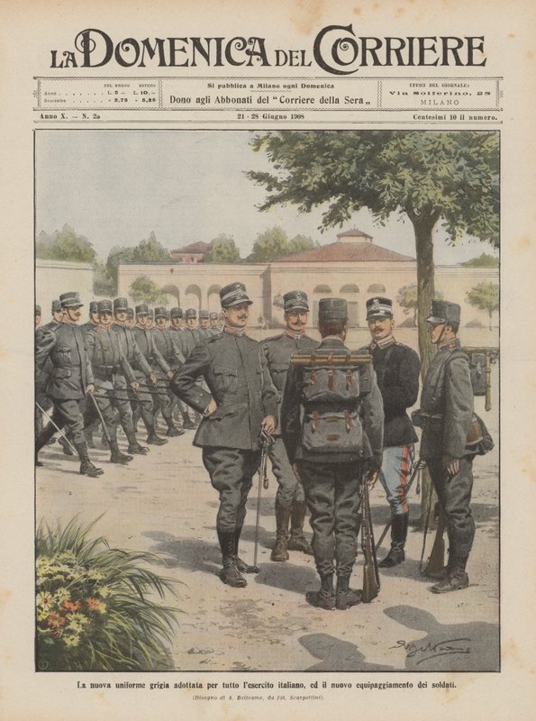 Den nye grå uniform, der er indført for hele den italienske hær, og det nye udstyr til soldaterne af Achille Beltrame