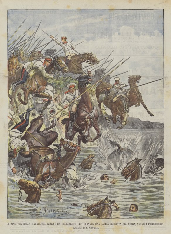 Manøvrerne af det russiske kavaleri, et regiment, der styrter ned under et angreb i Volga, nær Petersborg af Achille Beltrame
