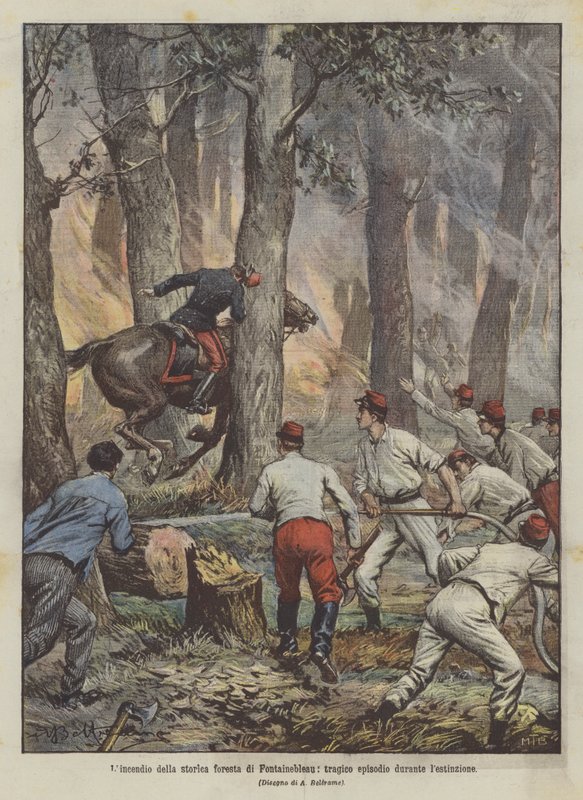 Branden i den historiske skov i Fontainebleau, en tragisk episode under udryddelsen af Achille Beltrame