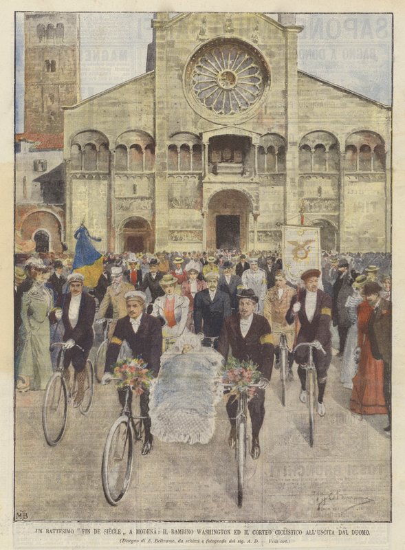 En Fin De Siecle-dåb i Modena, barnet Washington og cykelparaden uden for katedralen af Achille Beltrame