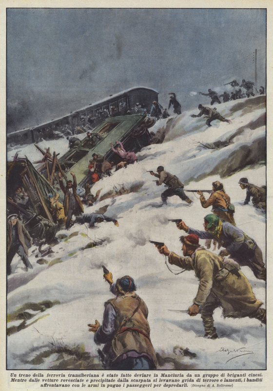Et tog på den transsibiriske jernbane blev omdirigeret i Manchuriet af en gruppe kinesiske brigander af Achille Beltrame