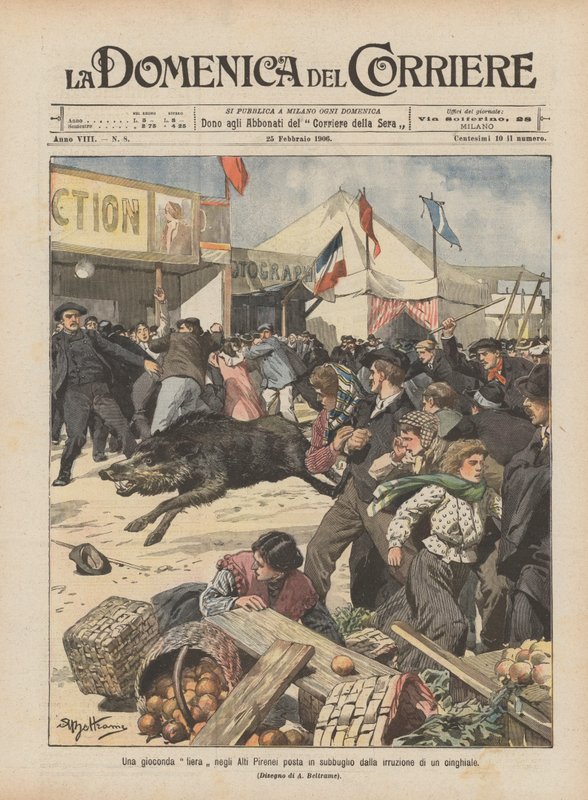 En messe i de høje Pyrenæer, der er blevet forstyrret af et vildsvineangreb af Achille Beltrame
