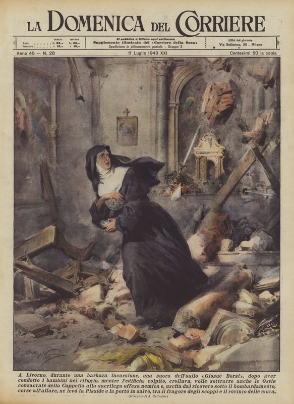 I Livorno blev en nonne fra børnehaven Giosue Borsi under et barbarisk røveri efter at have ledet en ? af Achille Beltrame