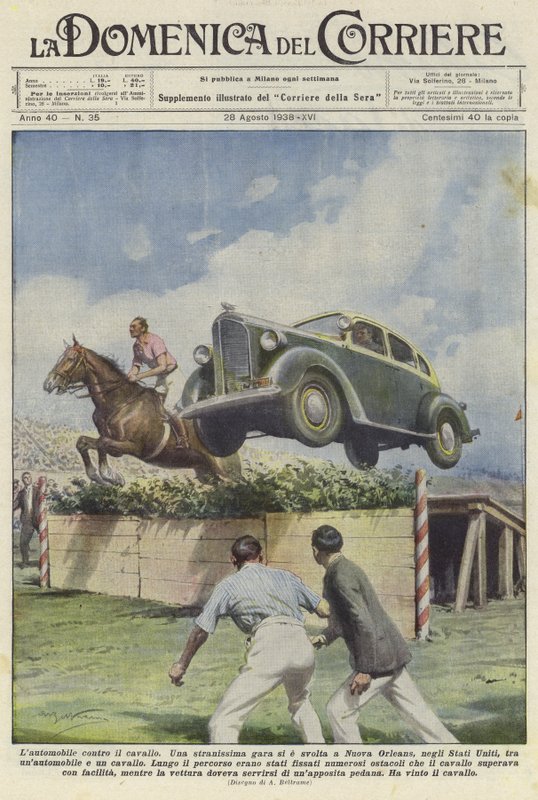 En bil og en hest hopper over en forhindring på en væddeløbsbane i New Orleans af Achille Beltrame