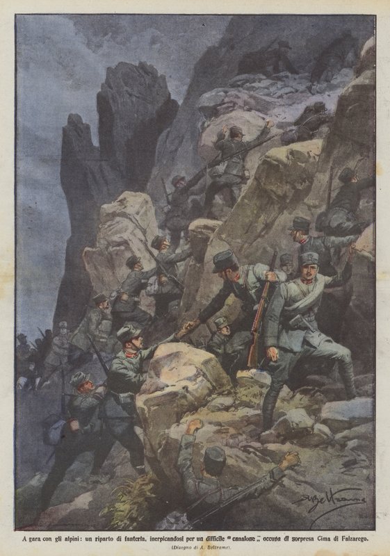 I konkurrence med de alpine tropper optager en tildeling af infanteri, der klatrer op i en vanskelig kløft? af Achille Beltrame