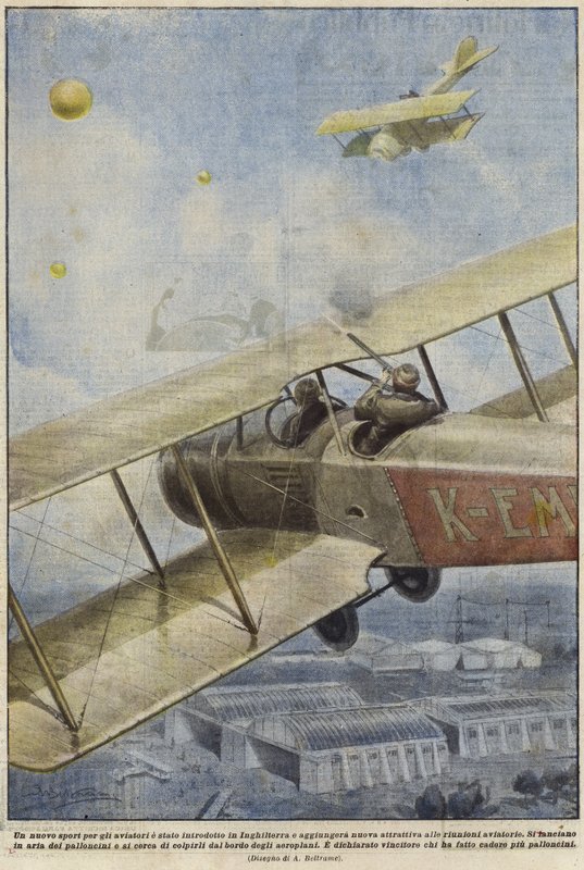 En bevæbnet mand i et fly skyder balloner over England af Achille Beltrame