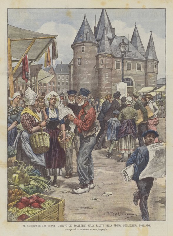 På Amsterdam Market ankommer Dronning Wilhelminske sundhedsbulletiner til Holland af Achille Beltrame