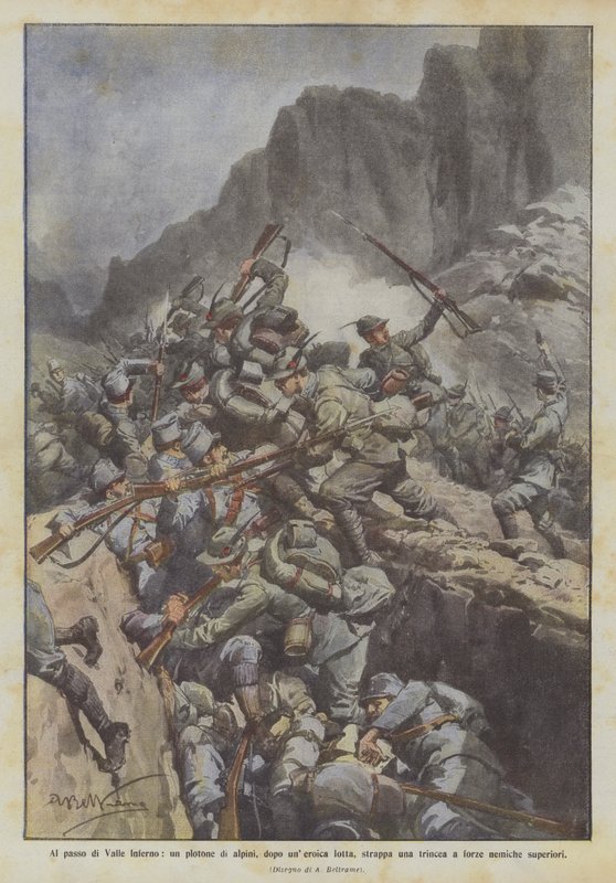 Ved Valle Inferno-passet river en deling alpine tropper, efter en heroisk kamp, ​​en skyttegrav op? af Achille Beltrame