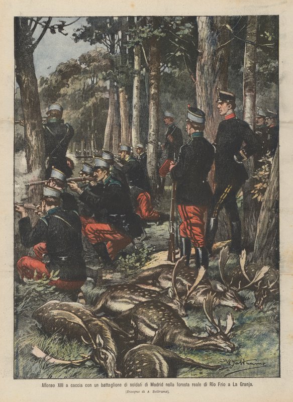 Alfonso XIII på jagt med en bataljon af soldater fra Madrid i den kongelige skov Rio Frio i La Granja af Achille Beltrame