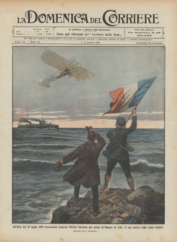 Ved daggry den 25. juli 1909 var den franske flyvemaskine Bleriot den første til at flyve over Den Engelske Kanal. af Achille Beltrame