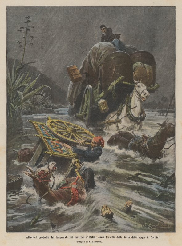 Stormfloder midt i Italien, vogne fejet væk af vandmasserne på Sicilien af Achille Beltrame