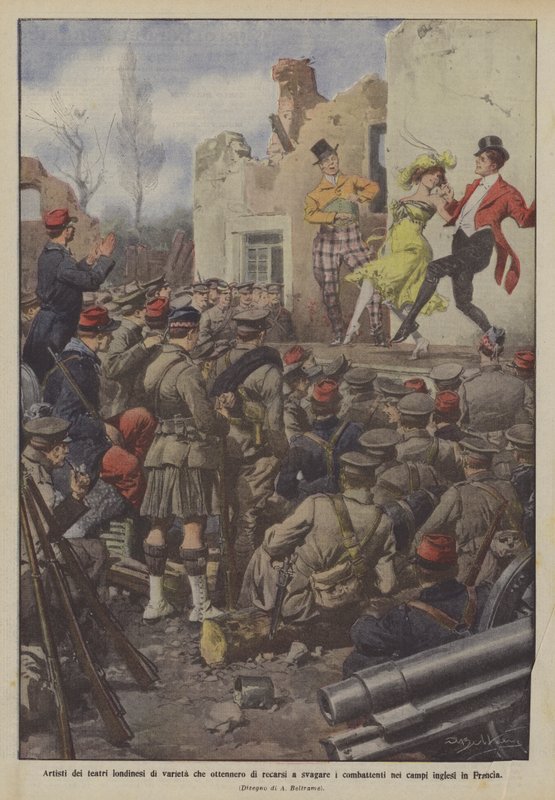 Kunstnere fra Londons varietéteatre, som måtte tage ud og underholde de kæmpende i lejrene? af Achille Beltrame