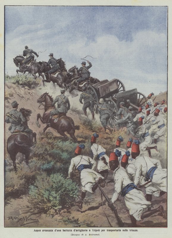Grov fremrykning af et artilleribatteri til Tripoli for at transportere det til skyttegravene af Achille Beltrame