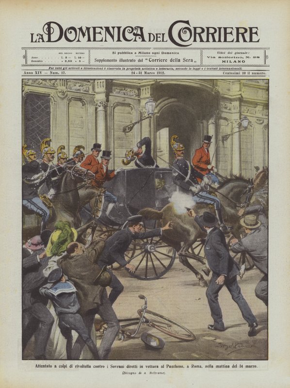 Angreb med revolverskud mod suverænerne ledet i bil til Pantheon i Rom om morgenen den 14. marts af Achille Beltrame