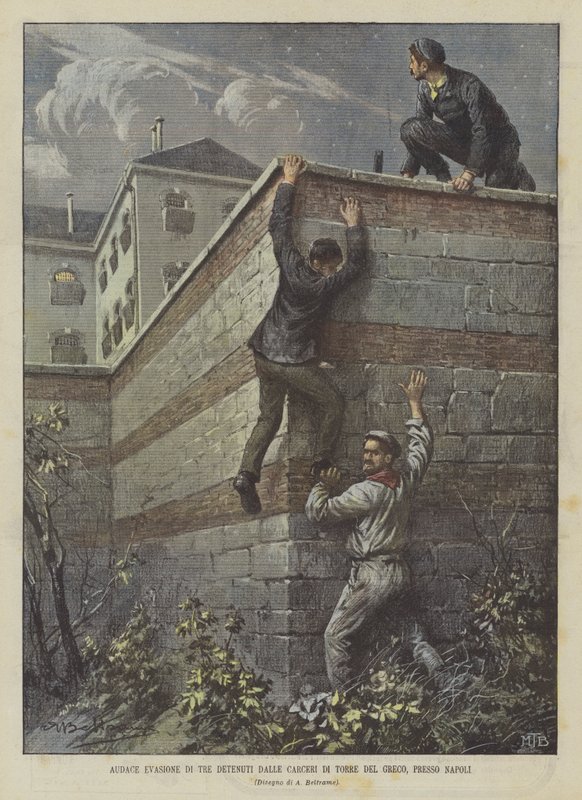 Tre indsattes dristige flugt fra Torre Del Greco-fængslerne, nær Napoli af Achille Beltrame