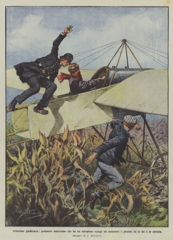 Retlig luftfart, amerikansk politimand, der ser en morder fra en flyvemaskine og styrter ned for at anholde ham af Achille Beltrame