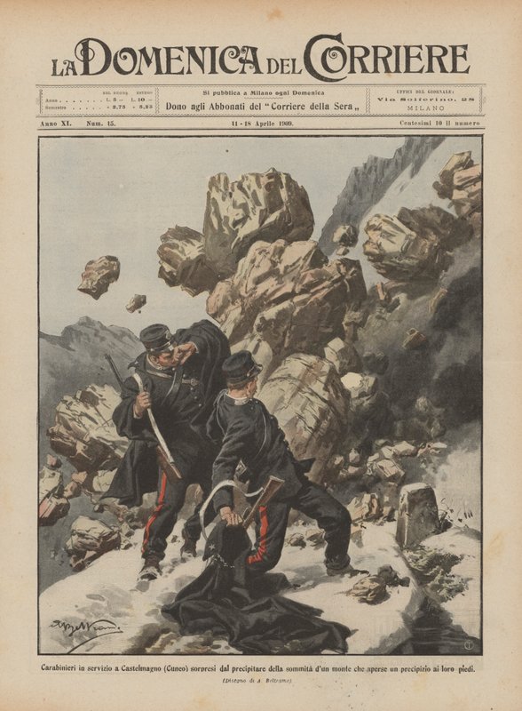 Carabinieri på vagt i Castelmagno (Cuneo) overrasket af et fald fra toppen af et bjerg ? af Achille Beltrame