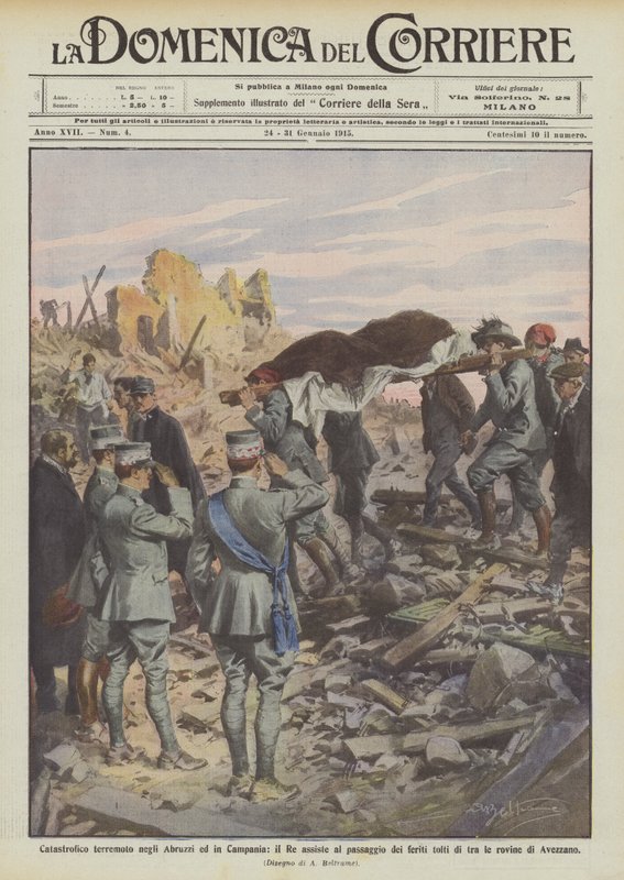 Katastrofale jordskælv i Abruzzi og Campania, er kongen vidne til passagen af ​​de sårede fjernet? af Achille Beltrame
