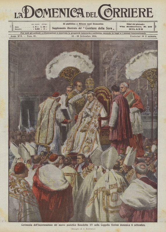 Ceremoni for kroningen af ​​den nye pave Benedikt XV i Det Sixtinske Kapel søndag den 6. september af Achille Beltrame