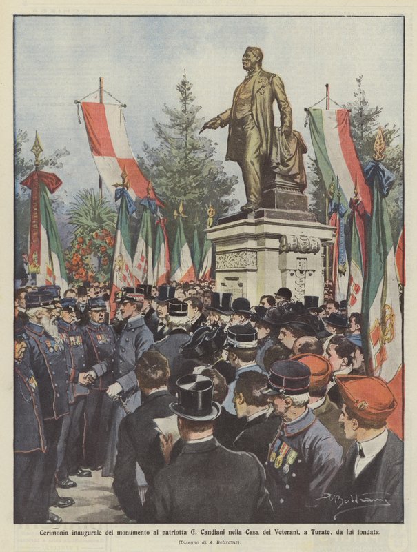 Indvielsesceremoni for monumentet for patrioten G. Candiani i Casa dei Veterani i Turate, som han grundlagde. af Achille Beltrame