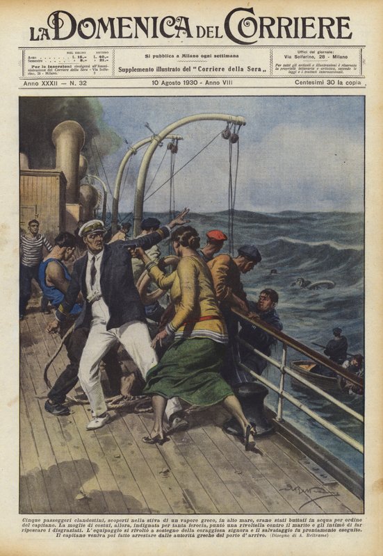 Fem hemmelige passagerer, opdaget i lastrummet på en græsk damper, på åbent hav? af Achille Beltrame