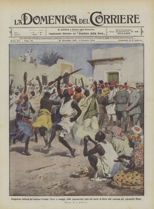 Italiensk erobring af det fjerne Fezzan, festligheder og hyldester fra den sorte befolkning i Brak ? af Achille Beltrame