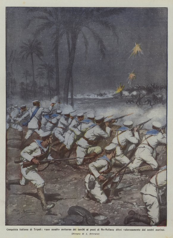 Italiensk erobring af Tripoli, tyrkisk natangreb på brøndene i Bu-Meliana forsvaret forgæves ? af Achille Beltrame